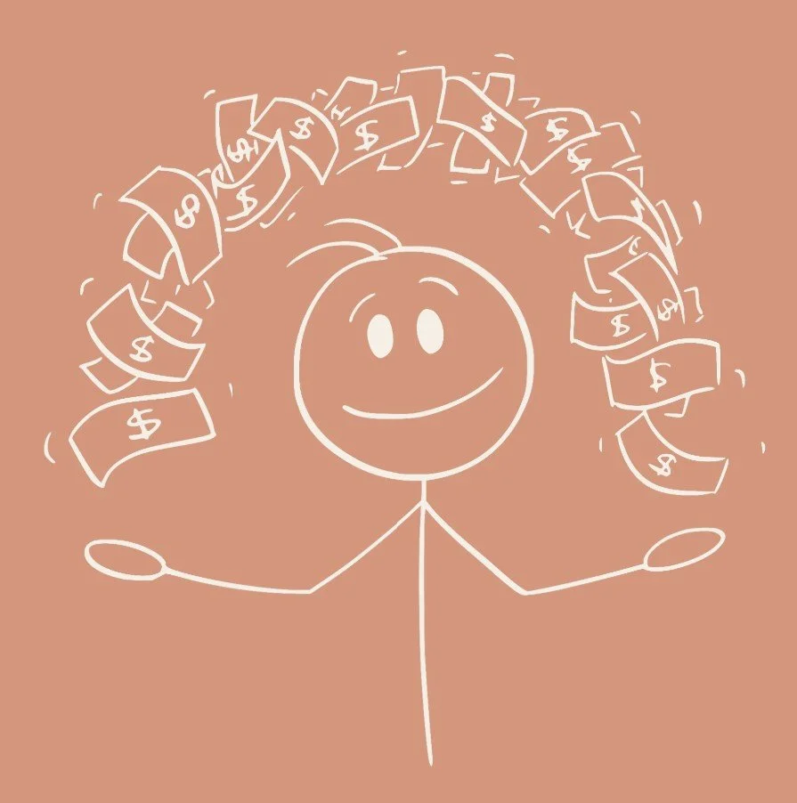A simple line drawing of a smiling stick figure with a round head and two oval eyes, surrounded by flying dollar bills on a brown background.