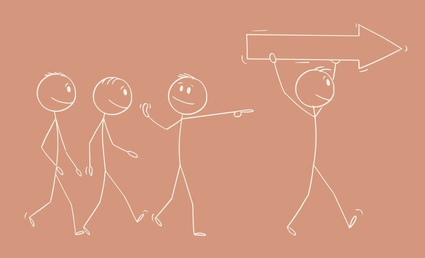 Four stick figures with smiling faces walking and pointing forward; the figure at the front holds a large arrow pointing to the right.