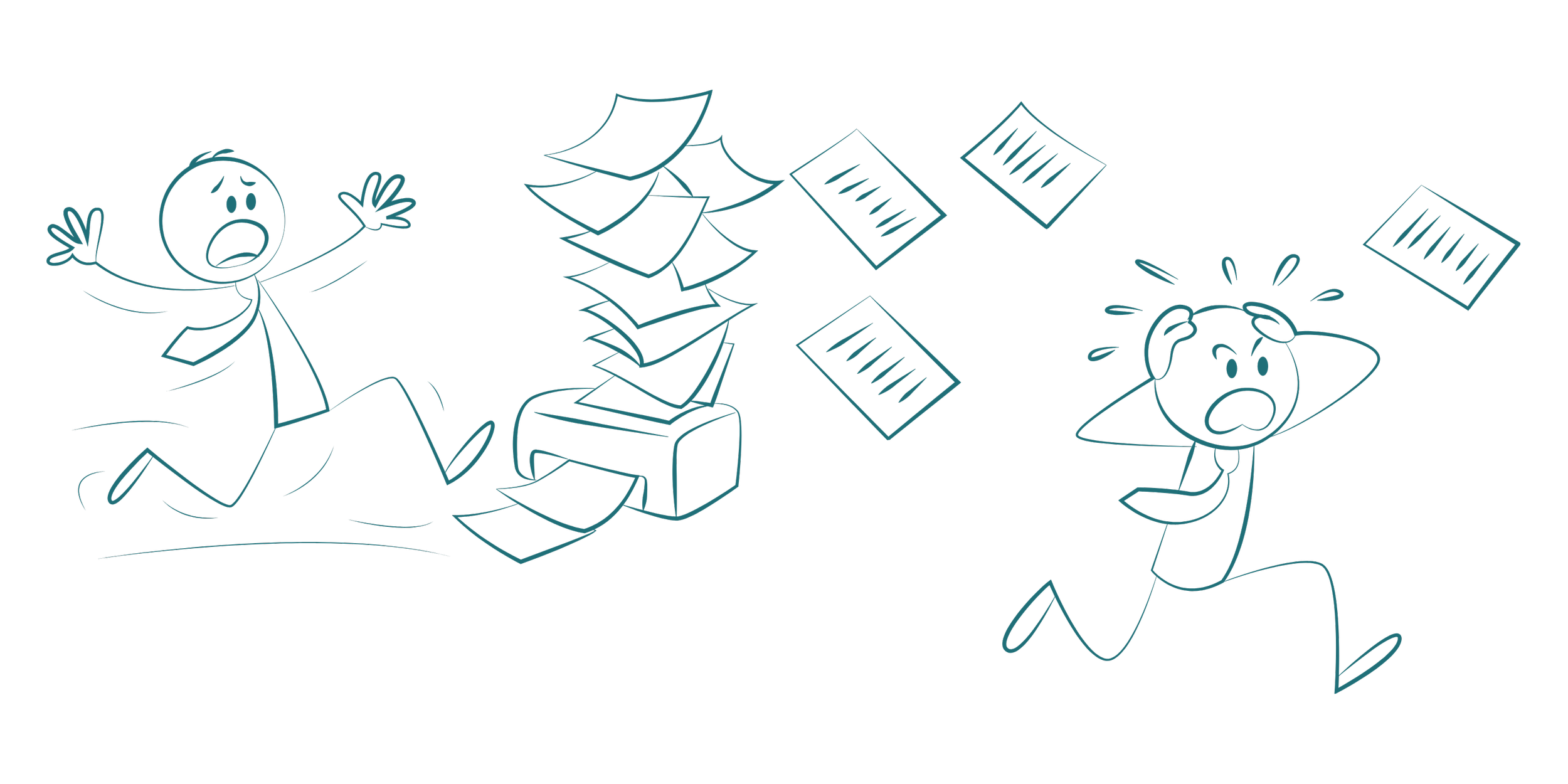Line drawing of a person crying and overwhelmed by a large stack of papers and files, with another person nearby looking distressed.