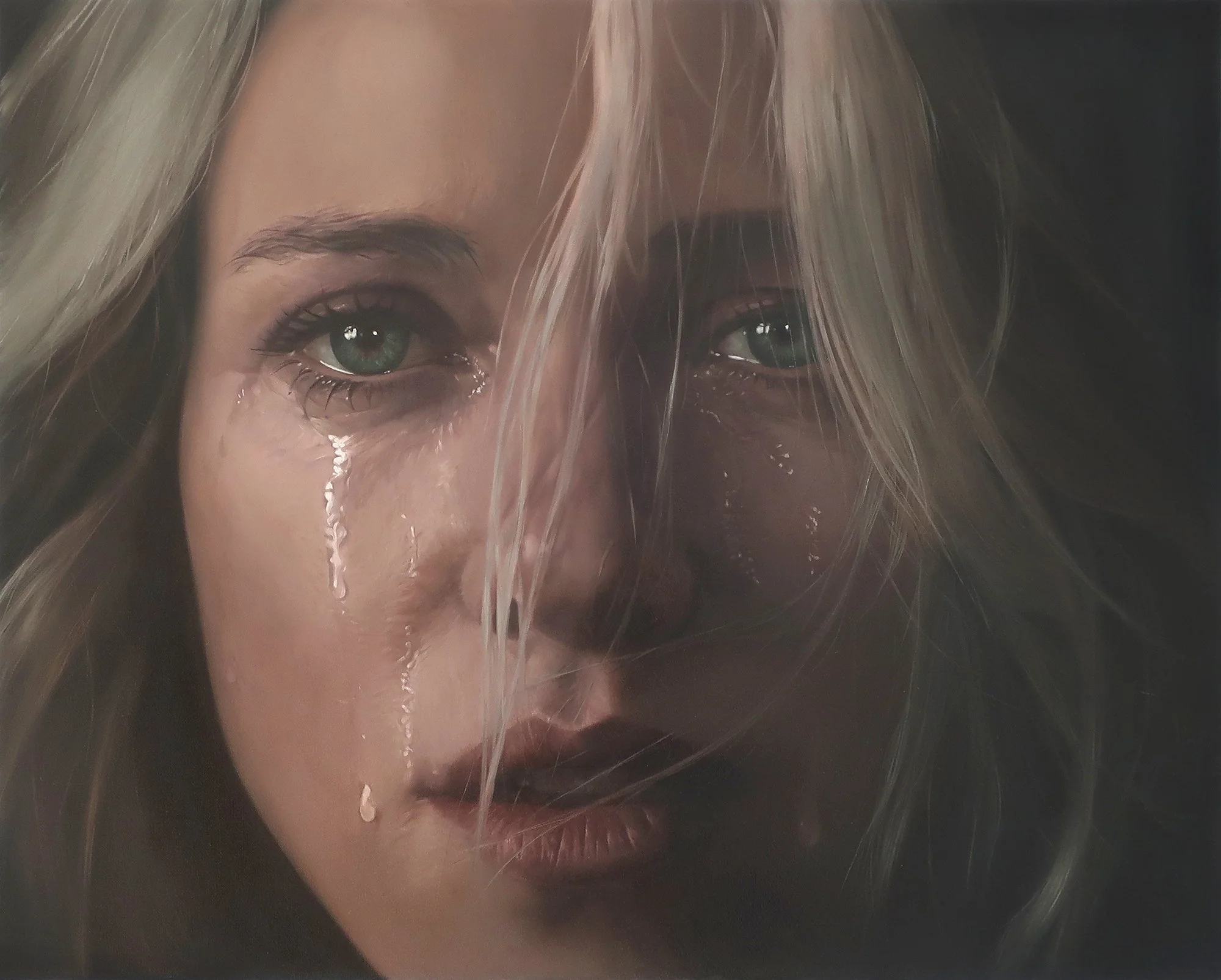Painting, close-up of a person's face with tears running down the cheeks.