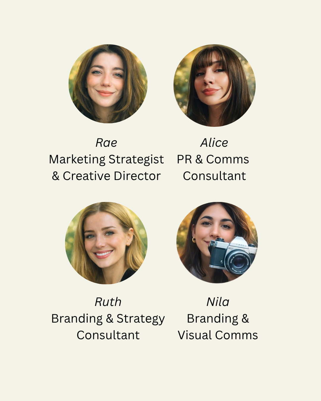 Photograph of four women with names and titles, including Rae, a marketing strategist and creative director; Alice, a PR and communications consultant; Ruth, a branding and strategy consultant; and Nila, a branding and visual communications specialist.