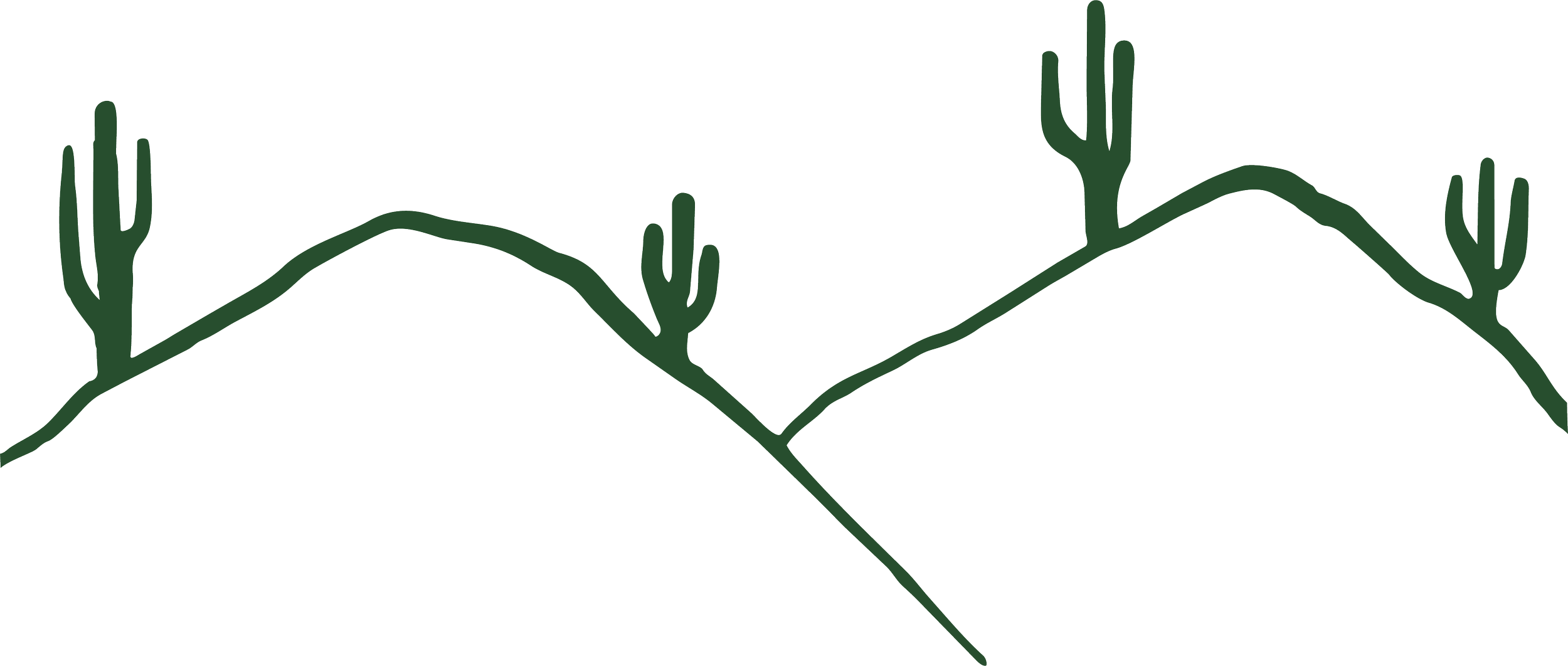 A simple line drawing of a mountain range with pine trees on both sides.