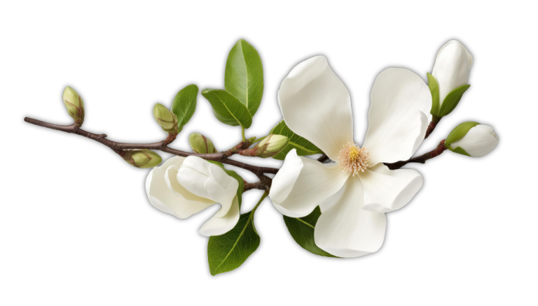 Magnolia branch with white flowers and buds.