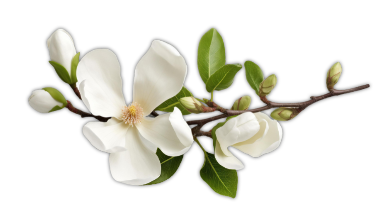 A branch with white magnolia flowers, buds, and green leaves.