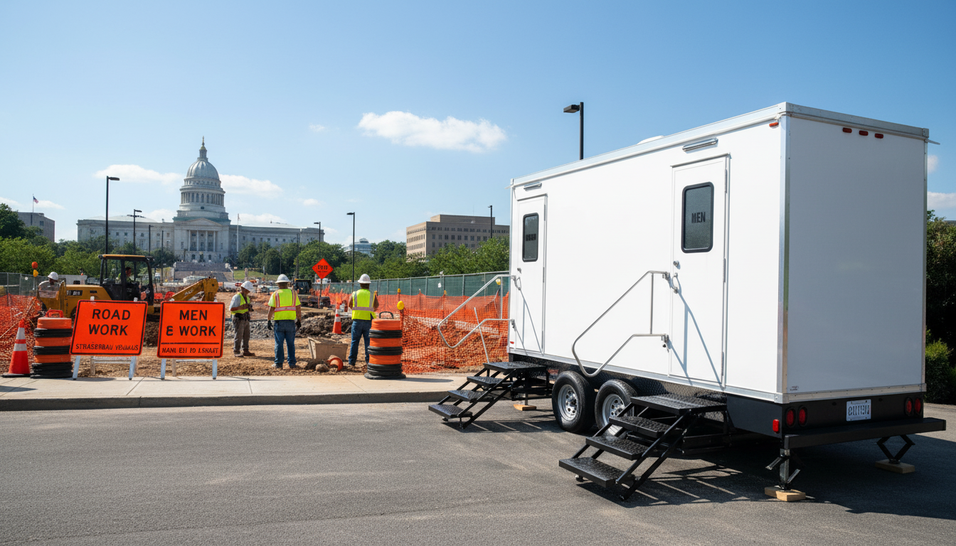Construction site on a city street with workers, orange safety signs, and a white portable restroom trailer in foreground, with a government building in the background.
