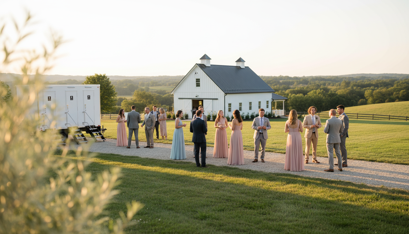 Wedding guests standing outdoors on a farm with a white barn in the background during sunset.