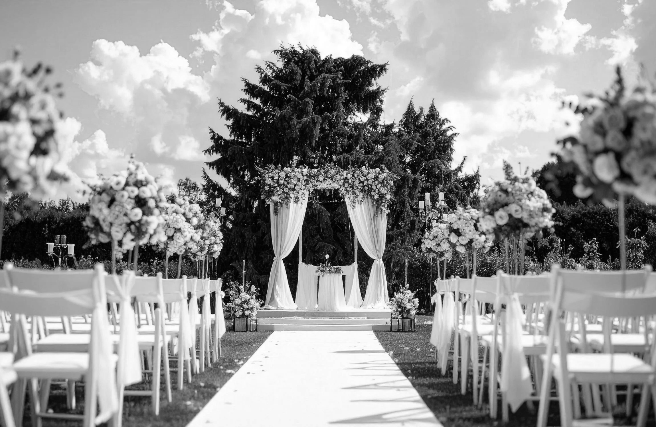 An outdoor wedding setup with a white aisle runner leading to a decorated wedding altar under a canopy of flowers and drapes, with chairs on both sides, in a garden setting with trees and a cloudy sky.