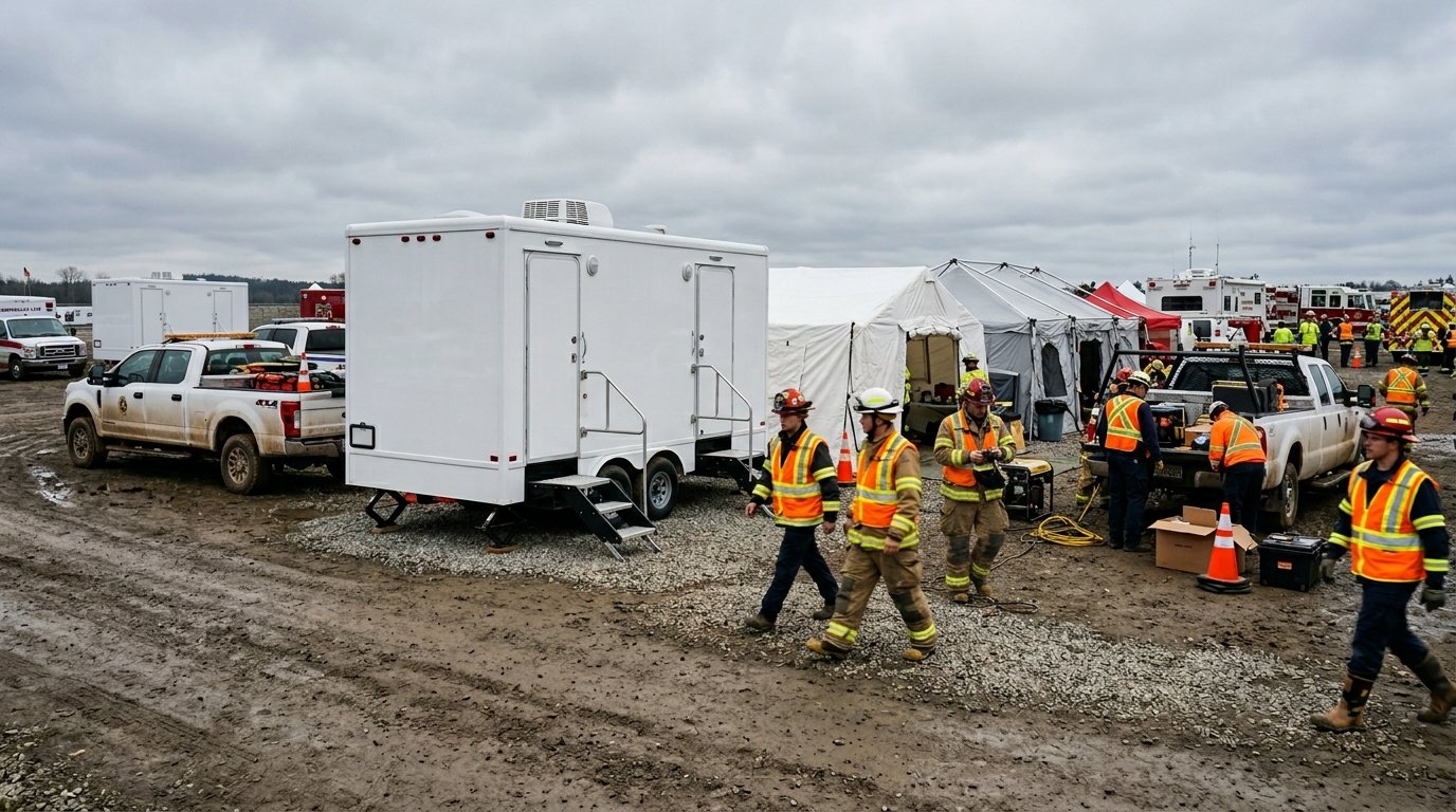 Field medical testing setup in a desert with white tents, mobile labs, and service vehicles, with military personnel and technicians, in a sunny dry landscape with cacti and mountains in the background.