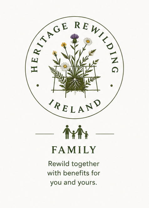 Logo for Heritage Rewilding Ireland featuring a circle with a wildflower illustration and the text 'Heritage Rewilding Ireland' and 'Family' with silhouettes of a family and the words 'Rewild together with benefits for you and yours'.