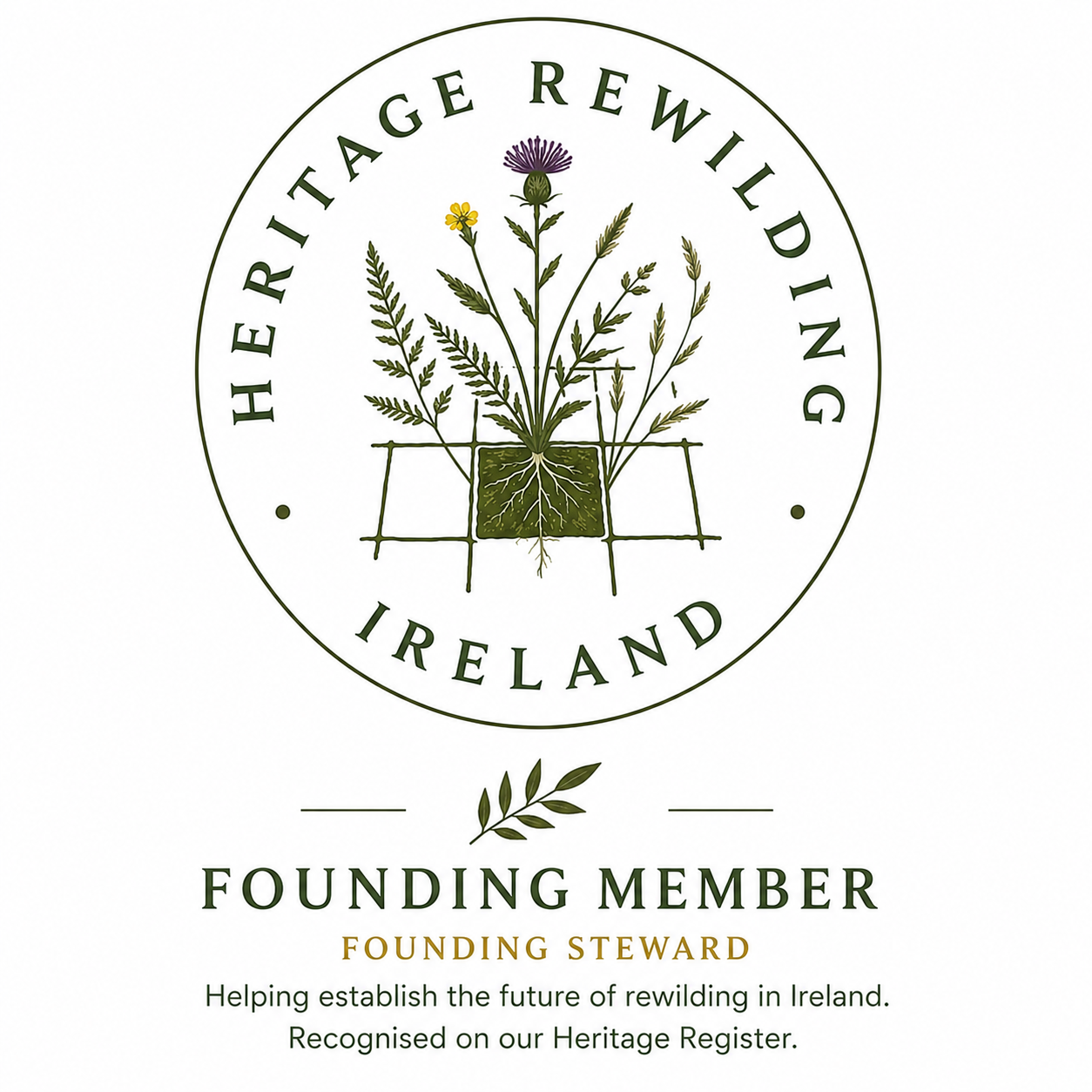 Logo of Heritage Rewilding Ireland featuring a plant with flowers and roots inside a circular border, with text indicating the organization as a founding member and steward helping rewilding efforts in Ireland.