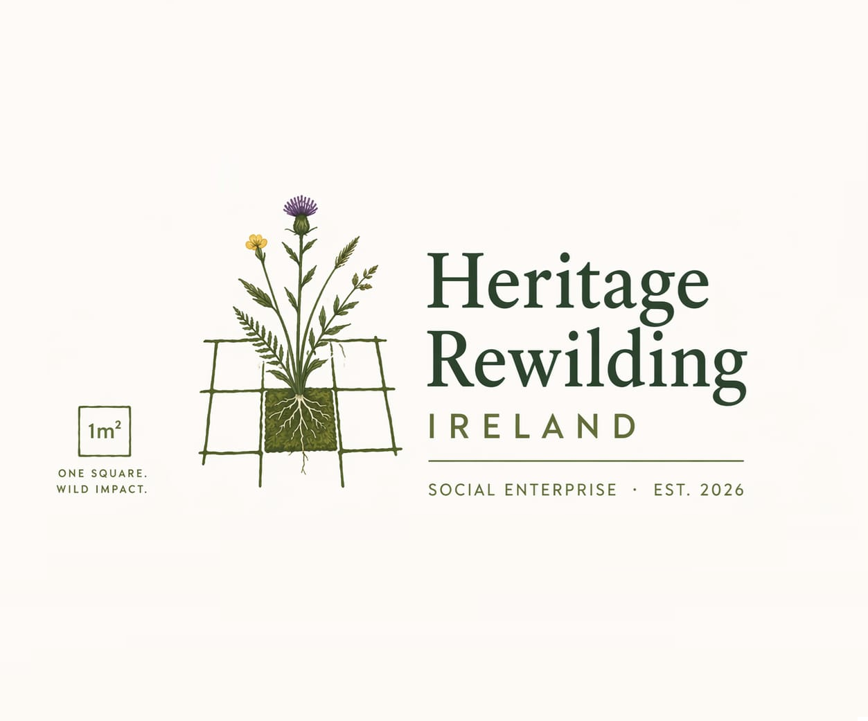 Logo for Heritage Rewilding Ireland with a stylized illustration of a plant with purple and yellow flowers growing from soil, surrounded by a grid and the text 'One square. Wild impact.', social enterprise, established 2026.