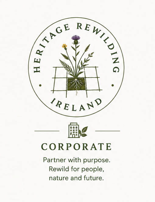 Heritage Rewilding Ireland logo with a plant featuring purple and yellow flowers and green roots, and a small building with a leaf, along with the text 'Partner with purpose. Rewild for people, nature and future.'