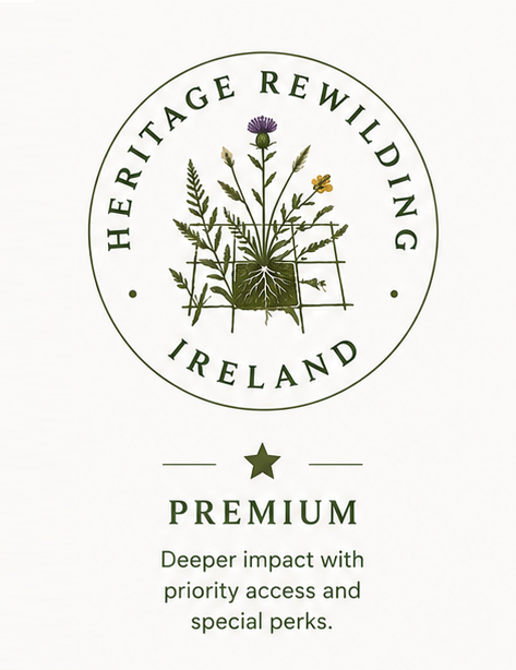 Heritage Rewilding Ireland logo with botanical illustration and premium product description.