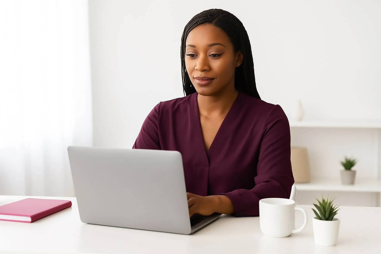 Confident Black female consultant working at a white desk with laptop, planning how to build a 7-figure consulting business from a single high ticket offer