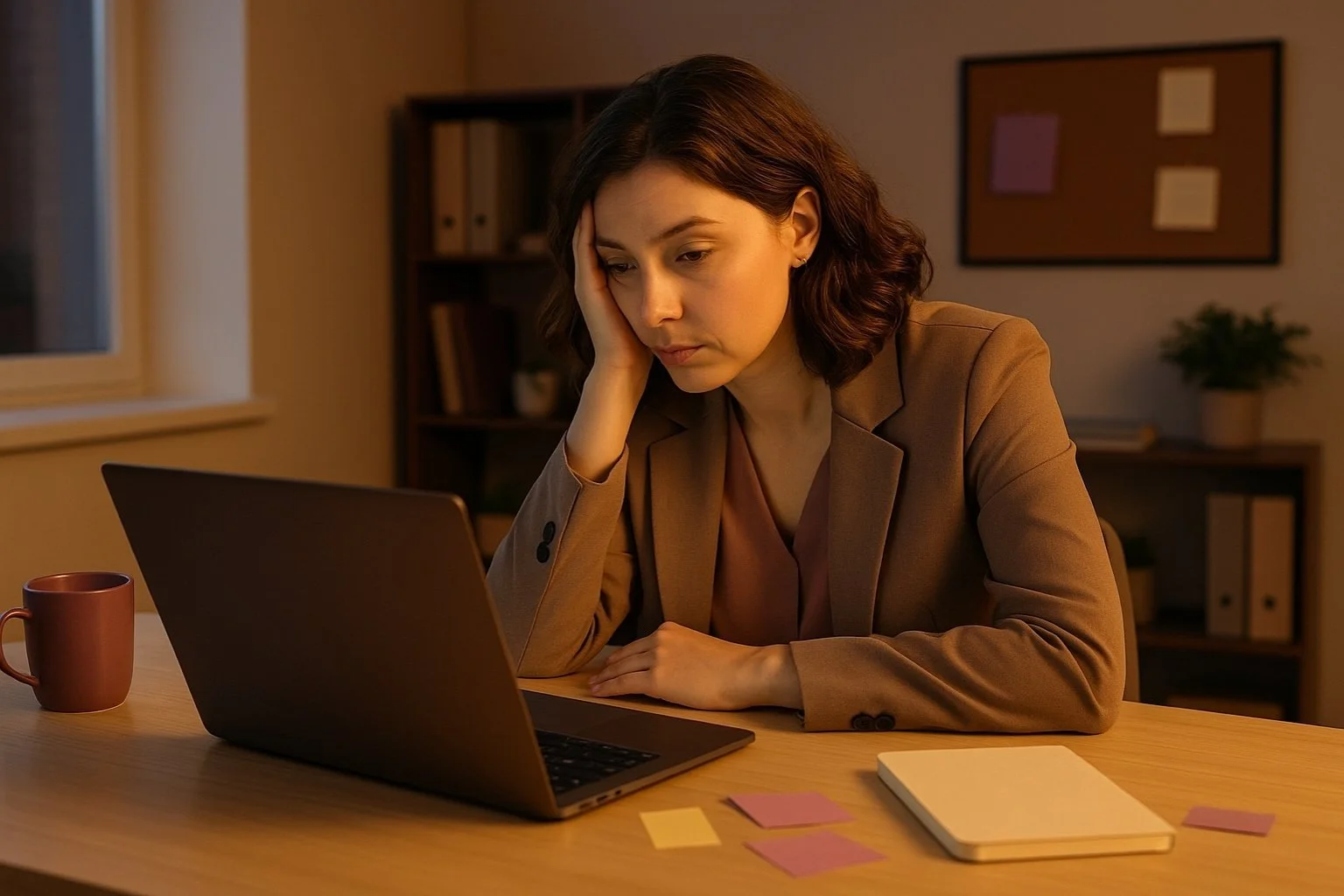 A high-achieving agency owner works late at her home desk, subtly exhausted. Natural warm lighting, muted tones, and a lived-in workspace show quiet burnout.