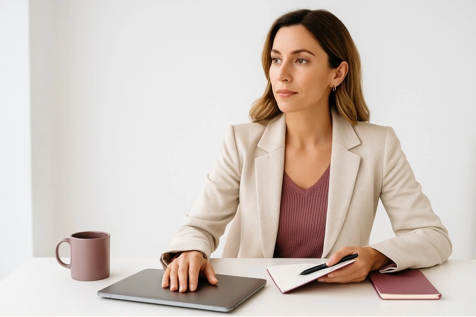 Confident businesswoman in blazer working at white desk with laptop, notebook, and mauve mug — ideal image for blogs on transitioning from corporate to consulting