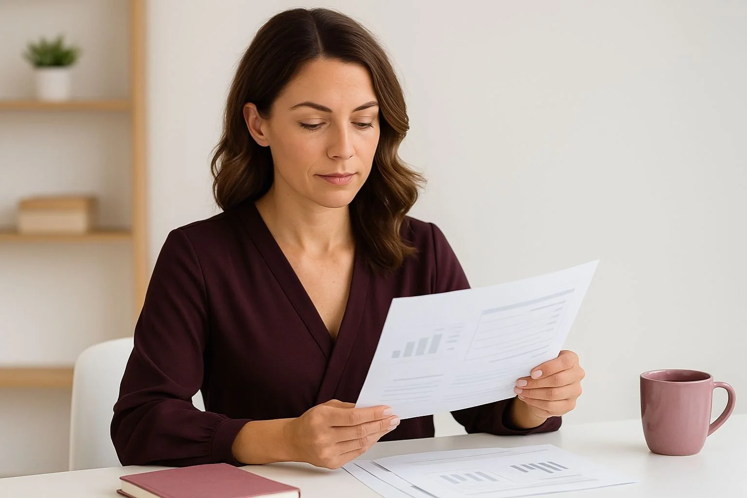 Confident female entrepreneur in her 30s reviewing a printed business plan at a white desk with a mauve notebook and purple coffee mug in a bright, modern office with natural light