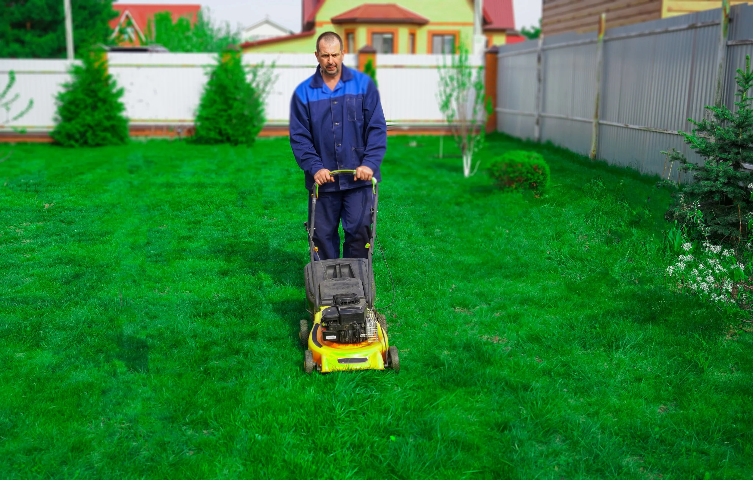 A man wearing a blue jacket and pants pushing a yellow lawn mower on a green backyard with trees and a house in the background.