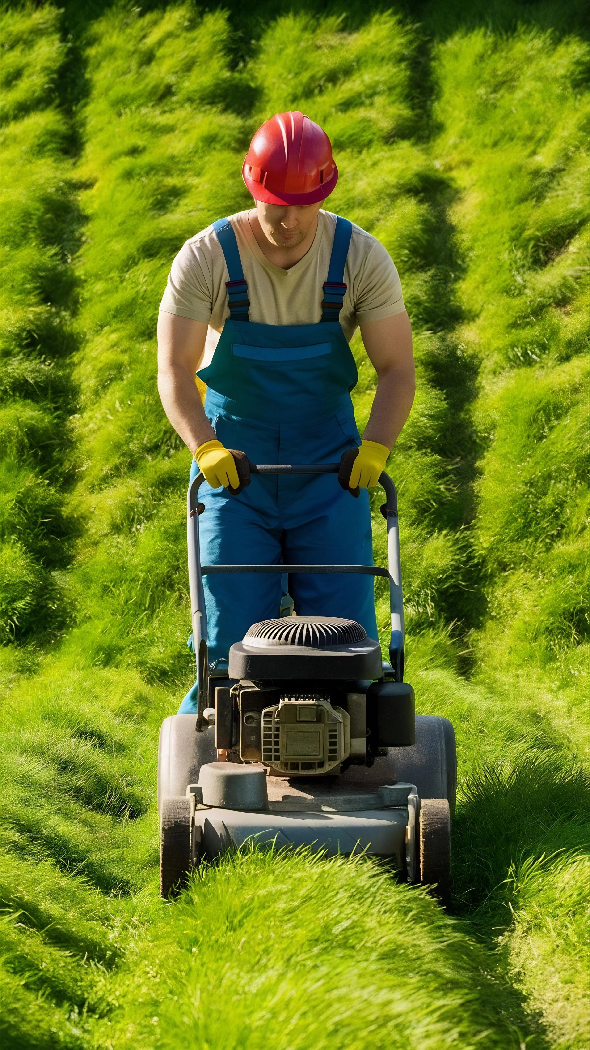Man wearing a red helmet and blue overalls mowing grass with a gas-powered push lawn mower in a lush green field.