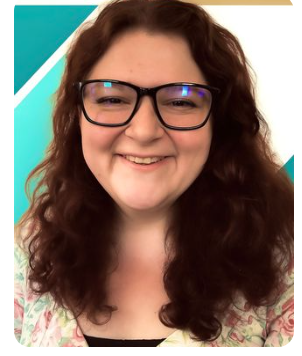 A woman with curly brown hair and glasses smiling, against a geometric teal and beige background.
