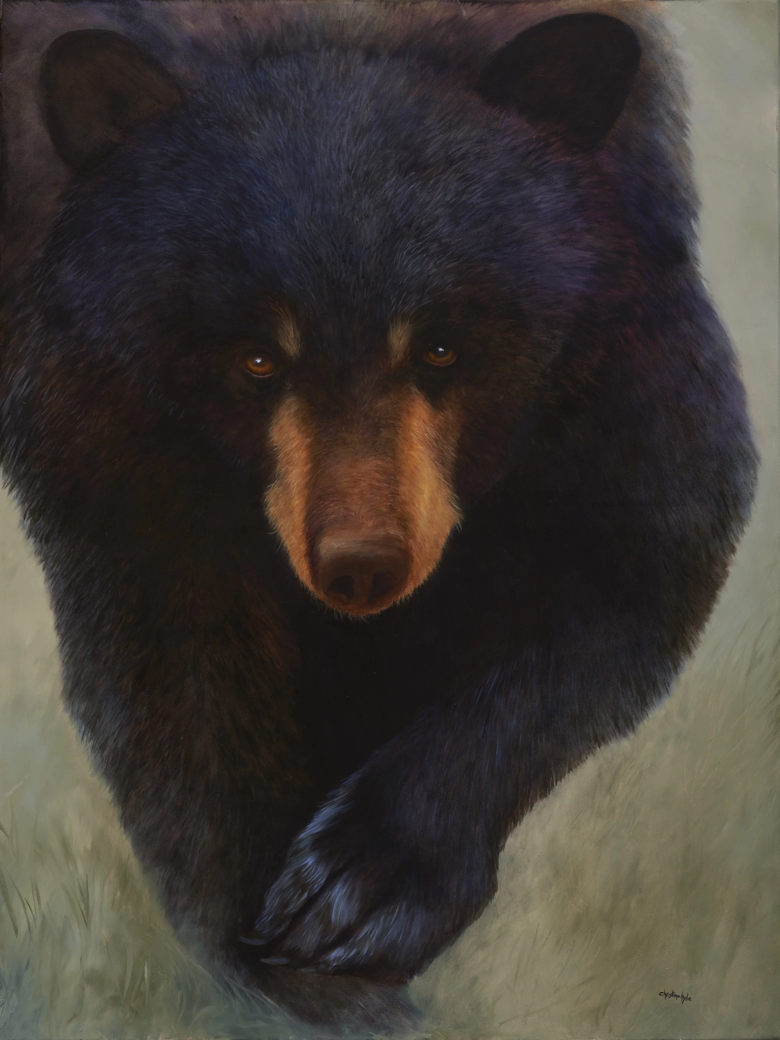 Painting of a black bear with dark fur, brown eyes, and a blurred background.