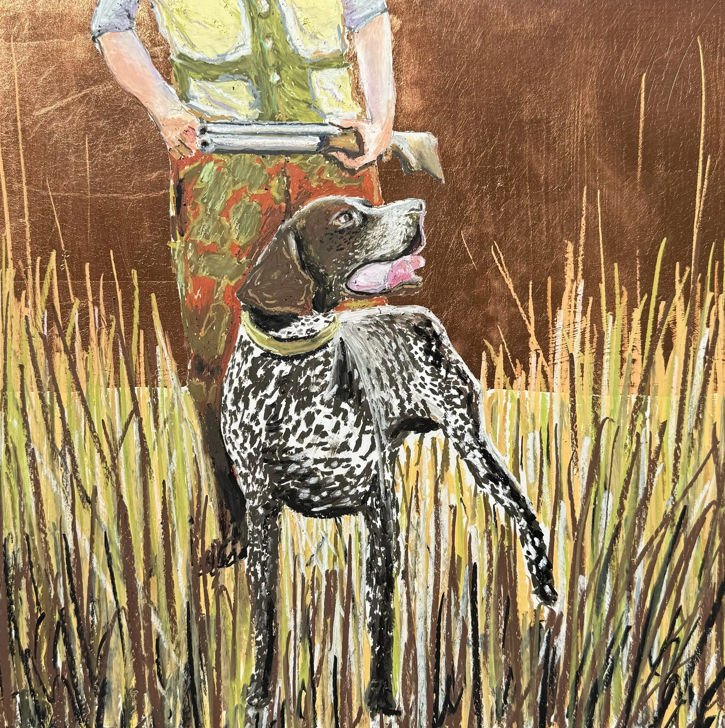 An abstract painting of a person with a dog in a field of tall grass. The person is wearing a yellow vest and is holding a rectangular object, possibly a book or tablet. The background features vertical strokes in browns and yellows, suggesting a natural outdoor setting.