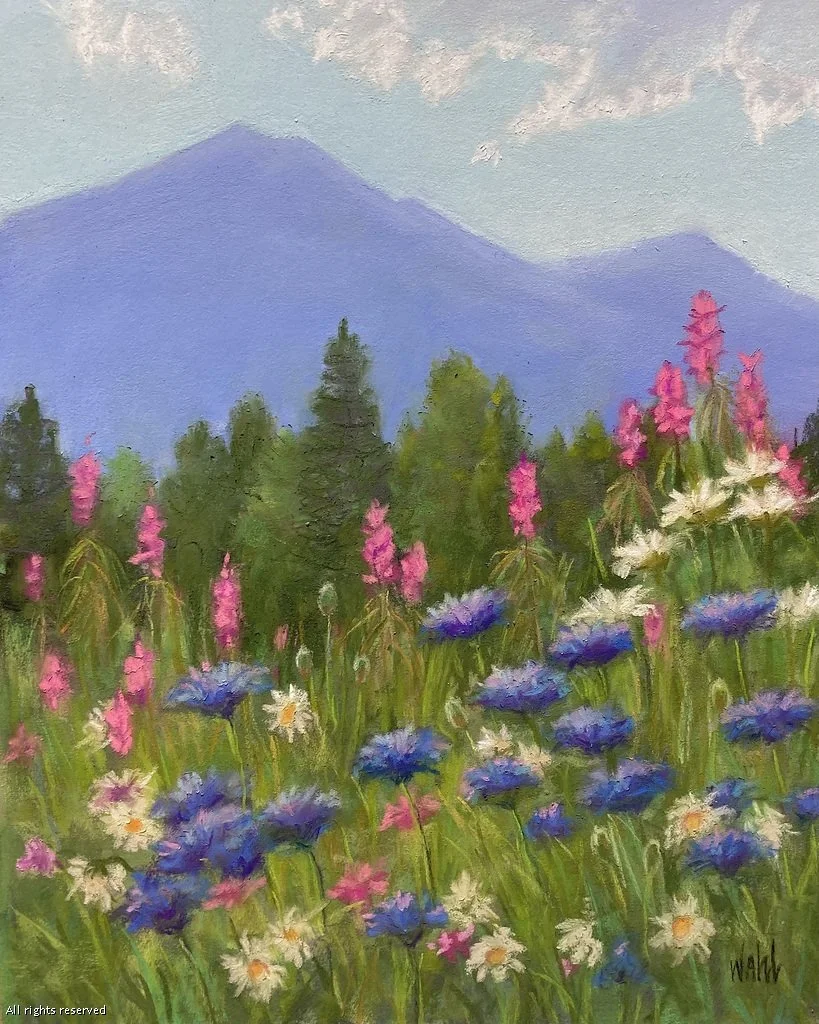 A colorful landscape painting featuring a mountain in the background, a line of trees in the middle, and a foreground filled with pink, purple, and white flowers.