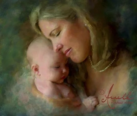 An adult woman holding a sleeping baby close in a tender moment.