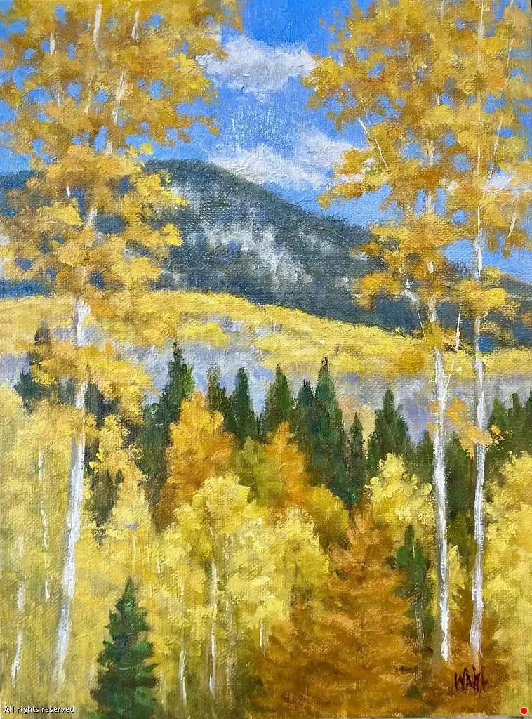 An impressionistic landscape painting of a mountain surrounded by trees with golden yellow, orange, and green foliage, under a blue sky with some clouds.