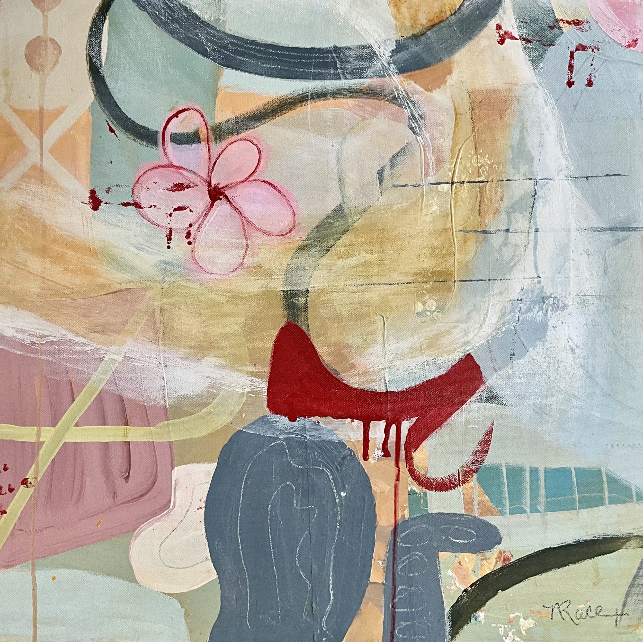 Close-up of an abstract painting featuring a pink flower outline, dark gray curved lines, a red drippy shape, and various pastel colors with textured brush strokes.