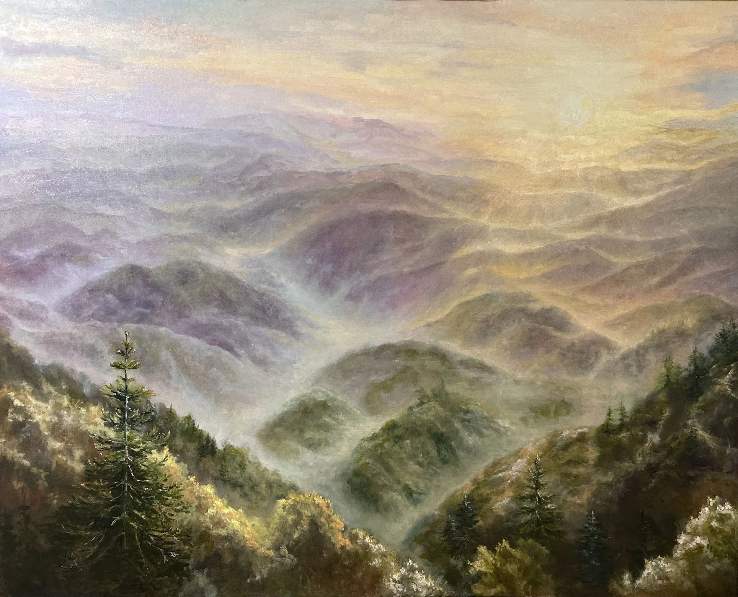 A painting of a mountainous landscape with pine trees in the foreground and a misty mountain range in the background, with soft pastel colors and a cloudy sky.