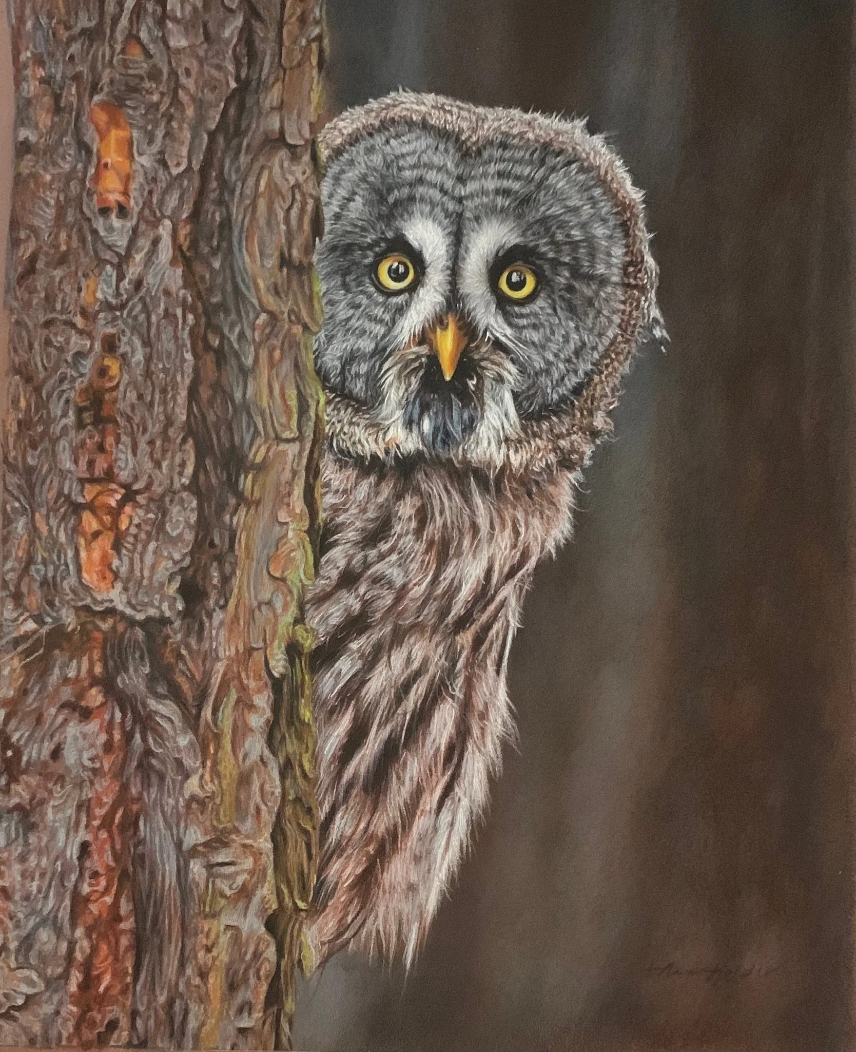 Painting of an owl peeking from behind a tree trunk on the left side, with detailed feathers and yellow eyes, against a dark background.