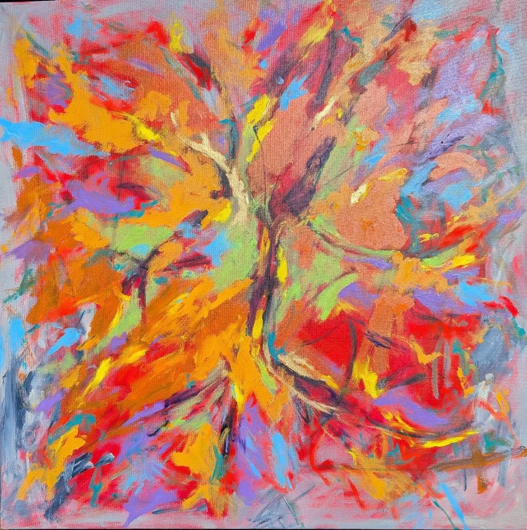 Abstract colorful painting featuring a central tree with branches extending outward in shades of red, orange, yellow, blue, and purple.
