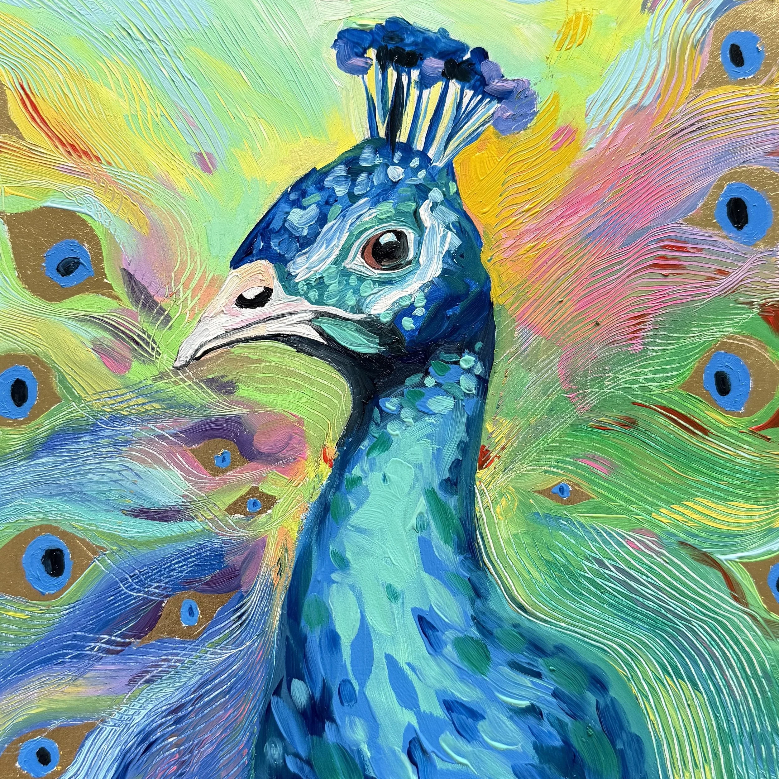 Close-up of a peacock with vivid blue, green, and gold feathers, highlighting eye patterns and iridescent details in a painting style.