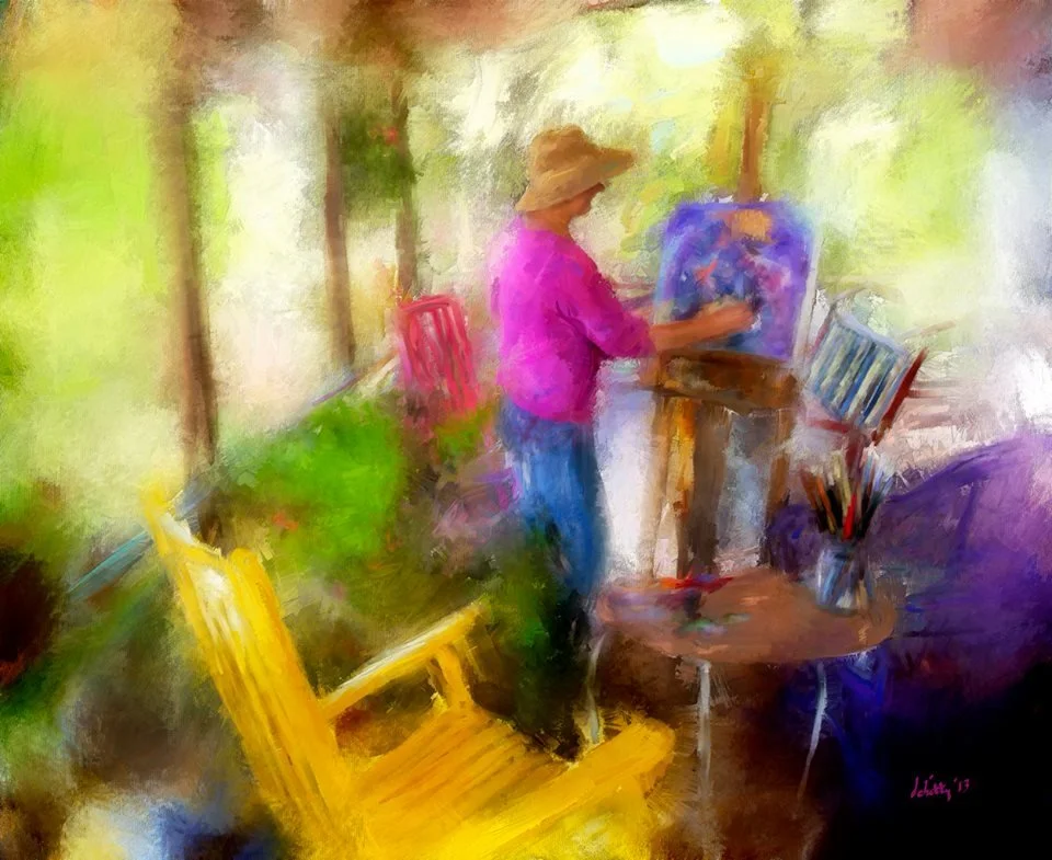 An artist in a pink shirt and wide-brimmed hat painting on an easel outdoors. The scene is colorful and impressionistic, with various bright chairs around.