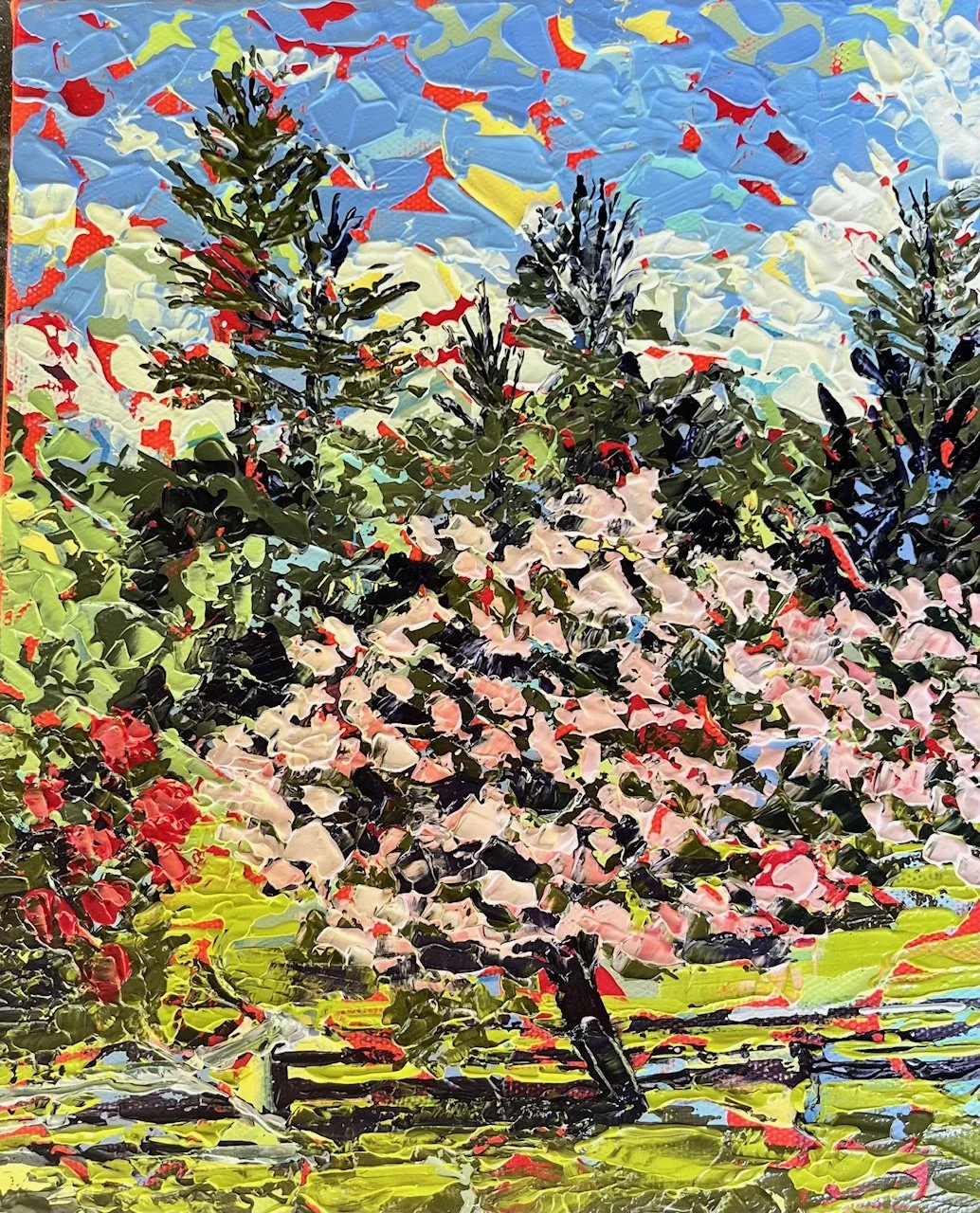 A colorful abstract painting of a group of trees with a blue sky in the background.