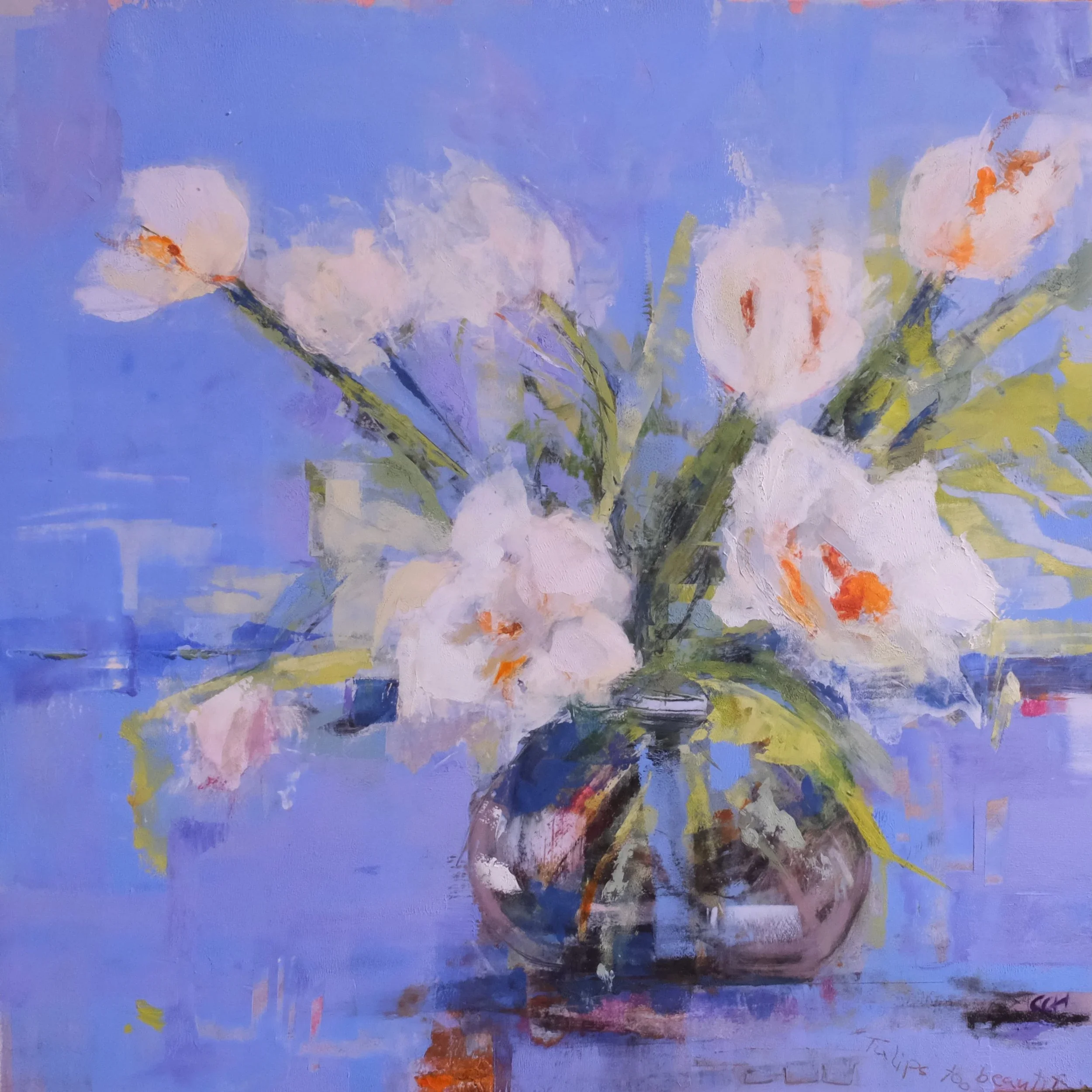 A vibrant painting of white flowers with orange centers and green stems against a bright blue background.