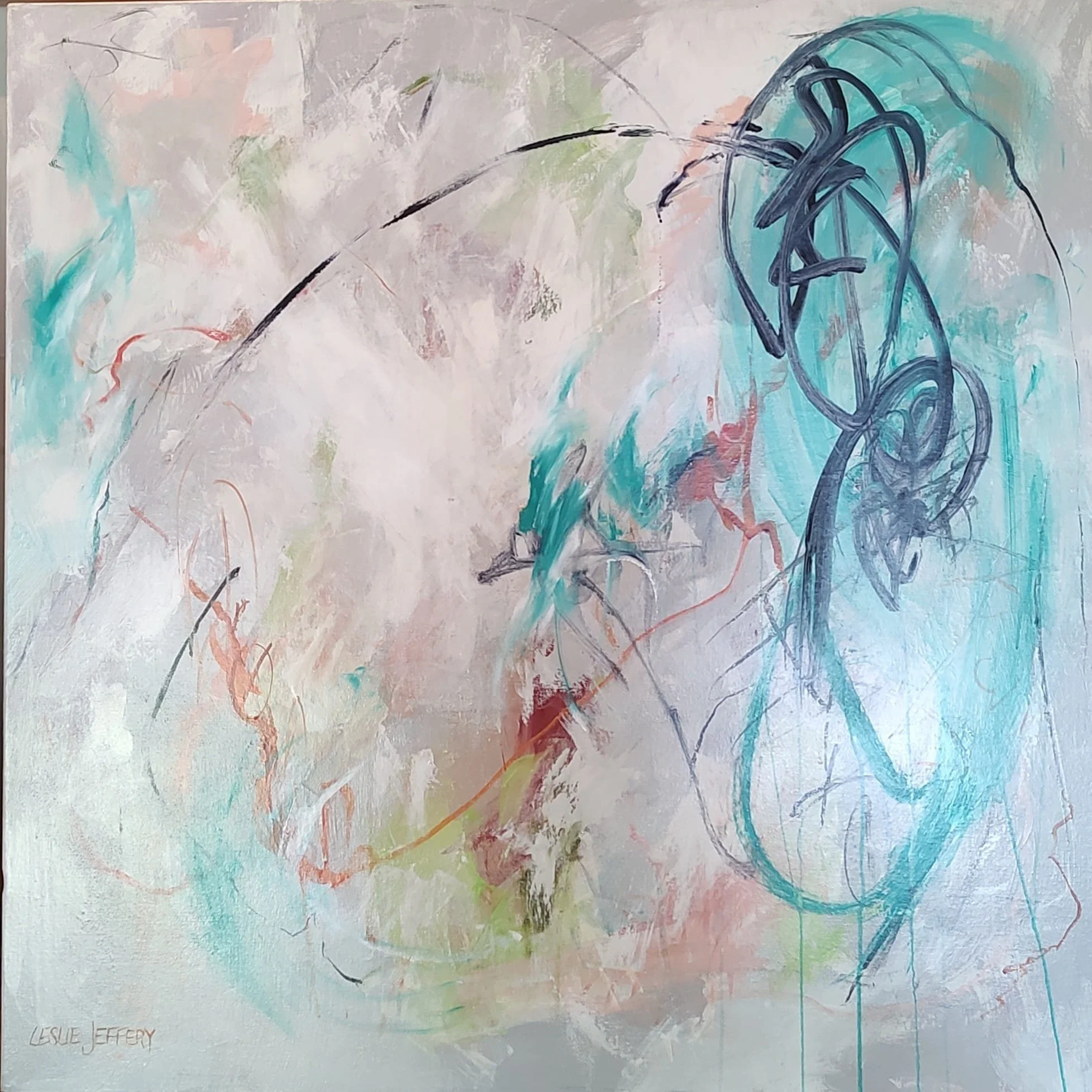 An abstract painting with soft pastel colors, including pink, green, and blue. The artwork features loose, expressive black and dark blue lines, with some text that reads 'Leslie Jeffery' in the bottom left corner.