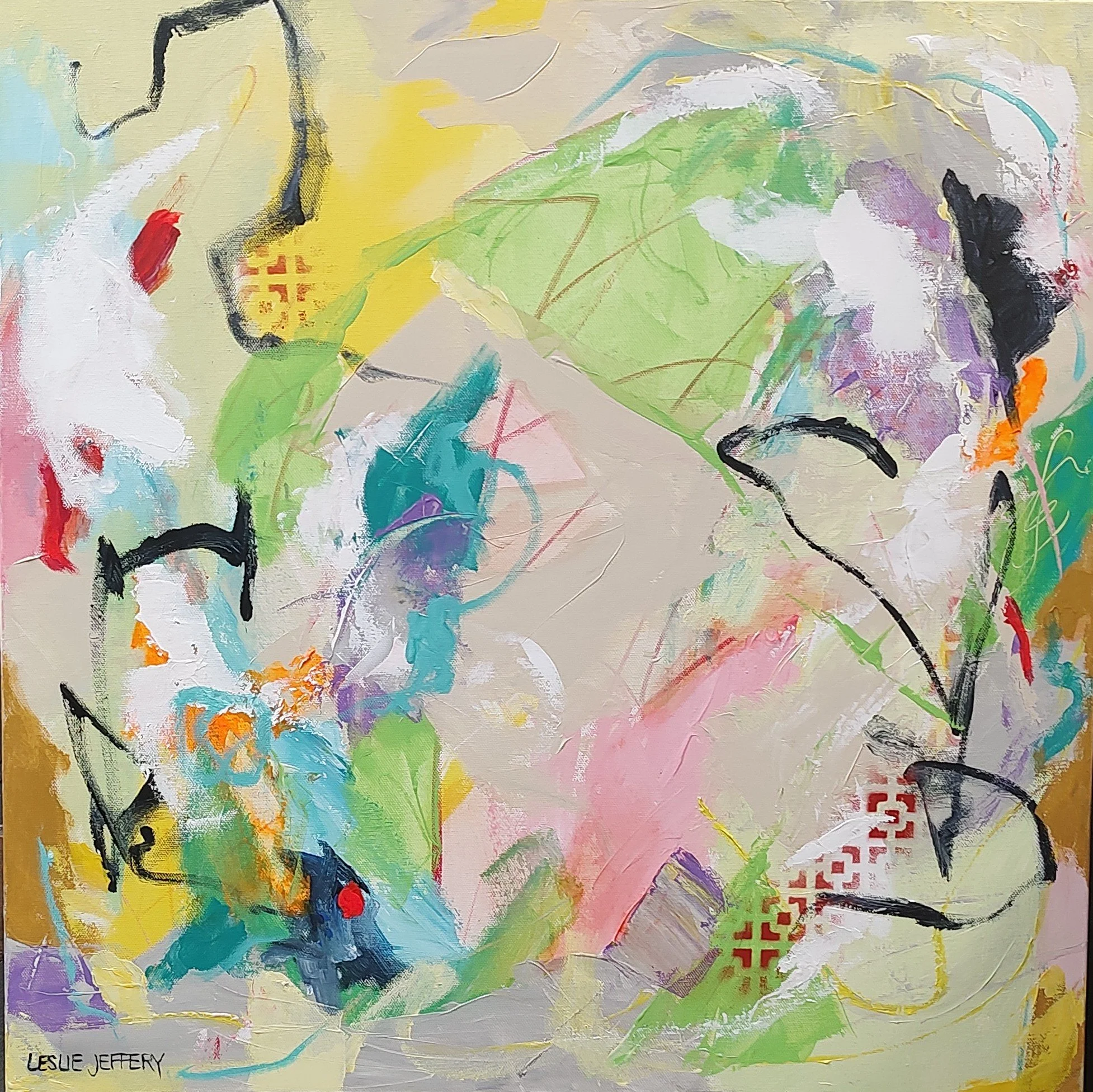 An abstract painting with vibrant colors including yellow, green, blue, purple, black, red, and white, featuring various brushstrokes, lines, and shapes. The artist's name, Leslie Jeffery, is written in the bottom left corner.