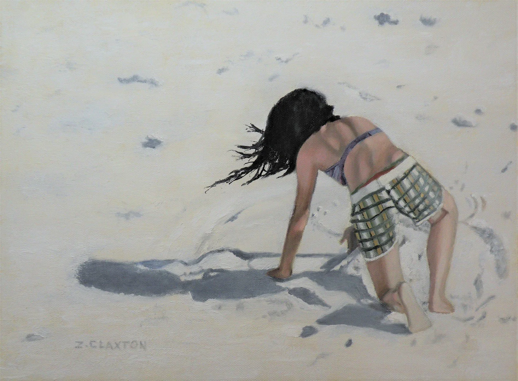 A painting of a young girl on a sandy beach, bending forward with her hands touching the ground, with wind-blown black hair and wearing a colorful striped swimsuit and matching shorts. The beach has white sand with some footprints and ripples.
