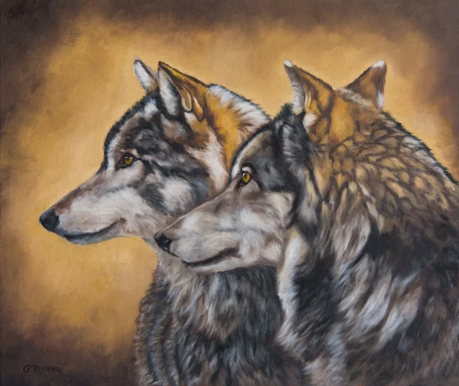 Painting of two wolves with detailed fur and piercing eyes against a warm background.