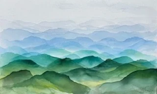 Abstract watercolor painting of rolling hills in shades of blue and green.