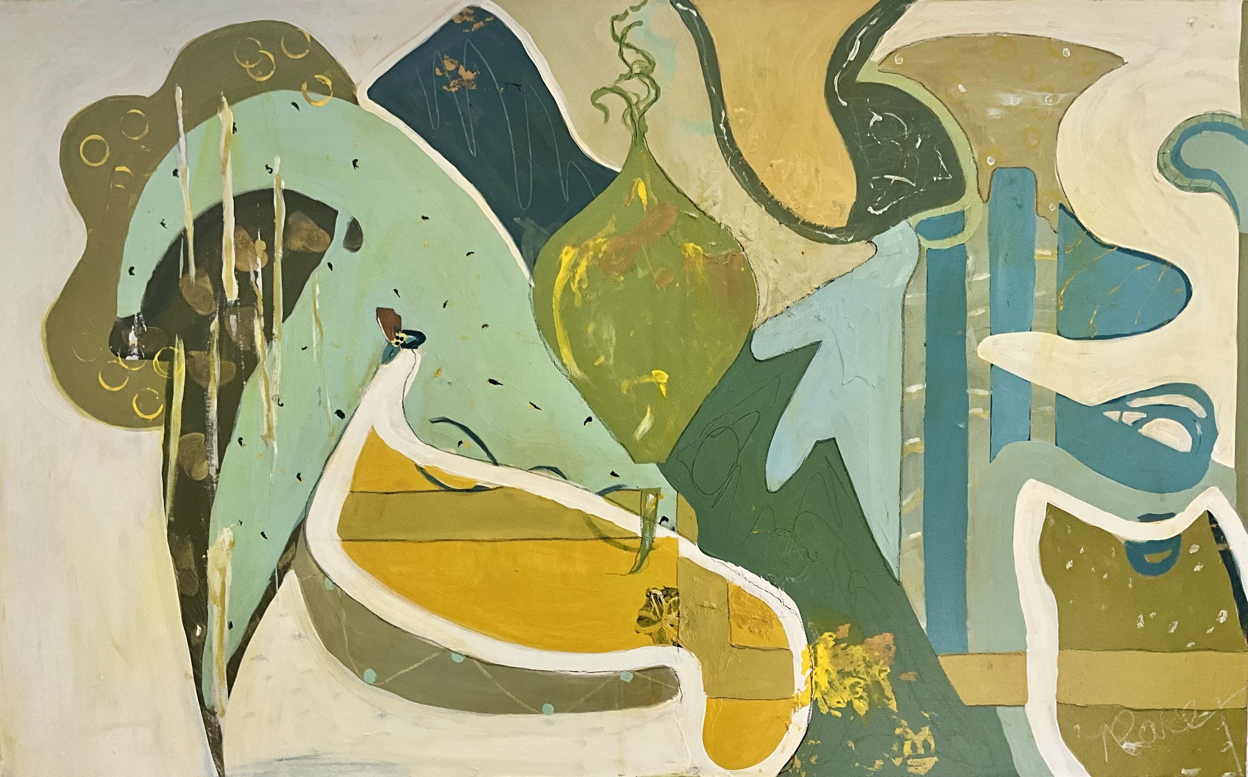 Abstract painting with shapes and colors including green, blue, yellow, and white, depicting a tea kettle, a cup, and foliage.