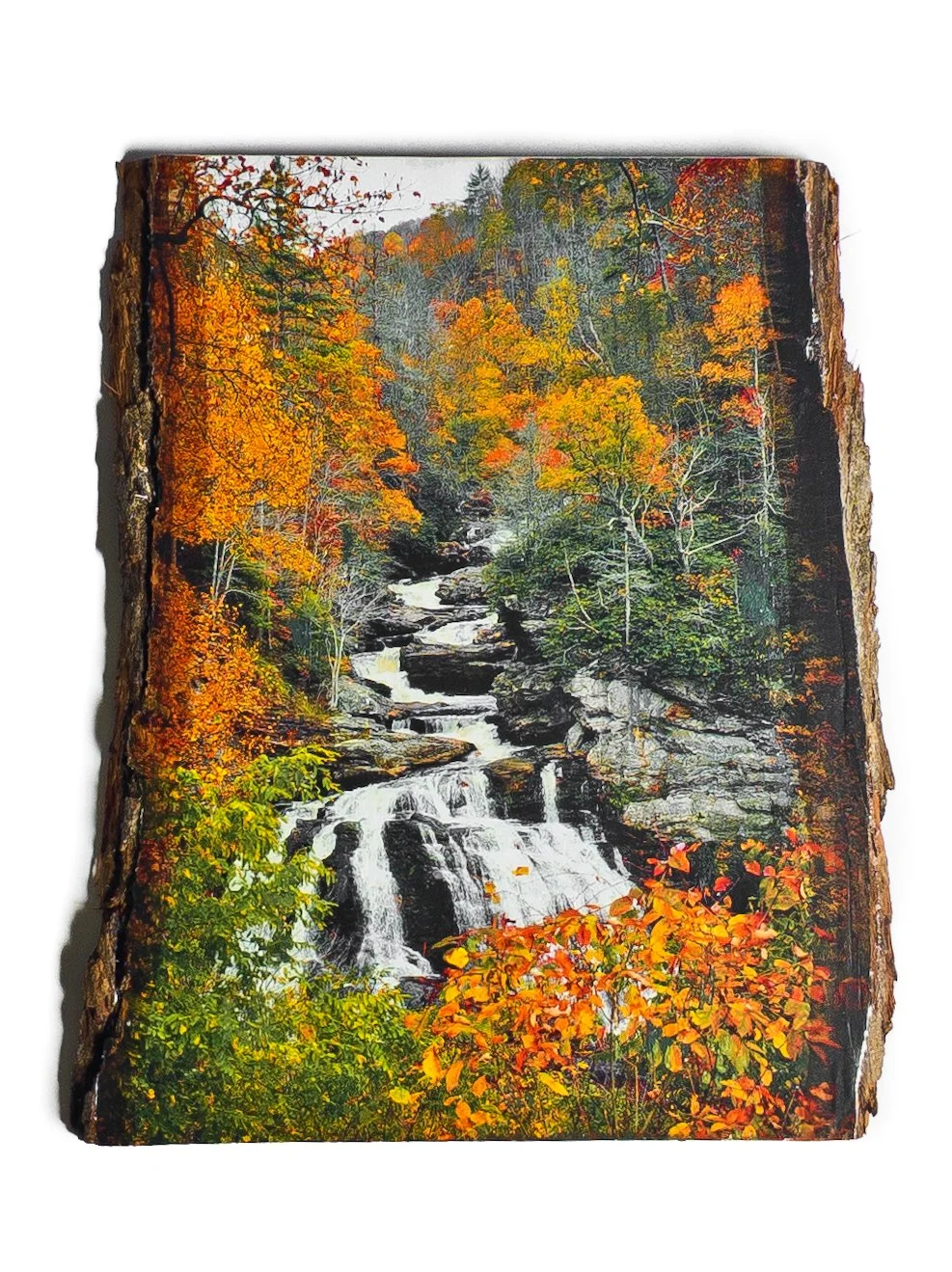 A printed image of a serene waterfall surrounded by vibrant autumn foliage on rocky terrain.