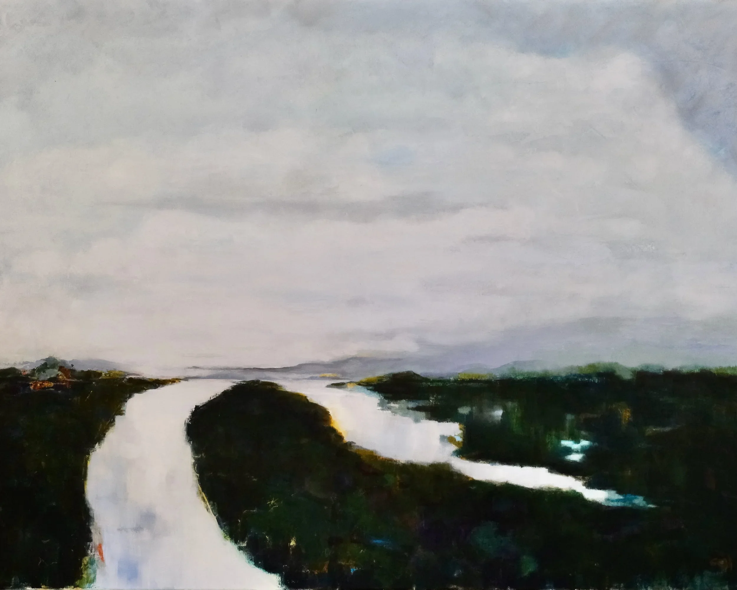 A landscape painting depicting a cloudy sky over a river with tall grass and trees along the riverbanks.