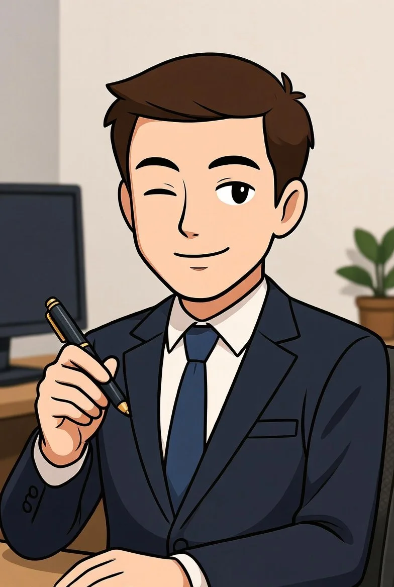 A cartoon illustration of a young man in a business suit sitting at a desk, holding a pen, and winking.