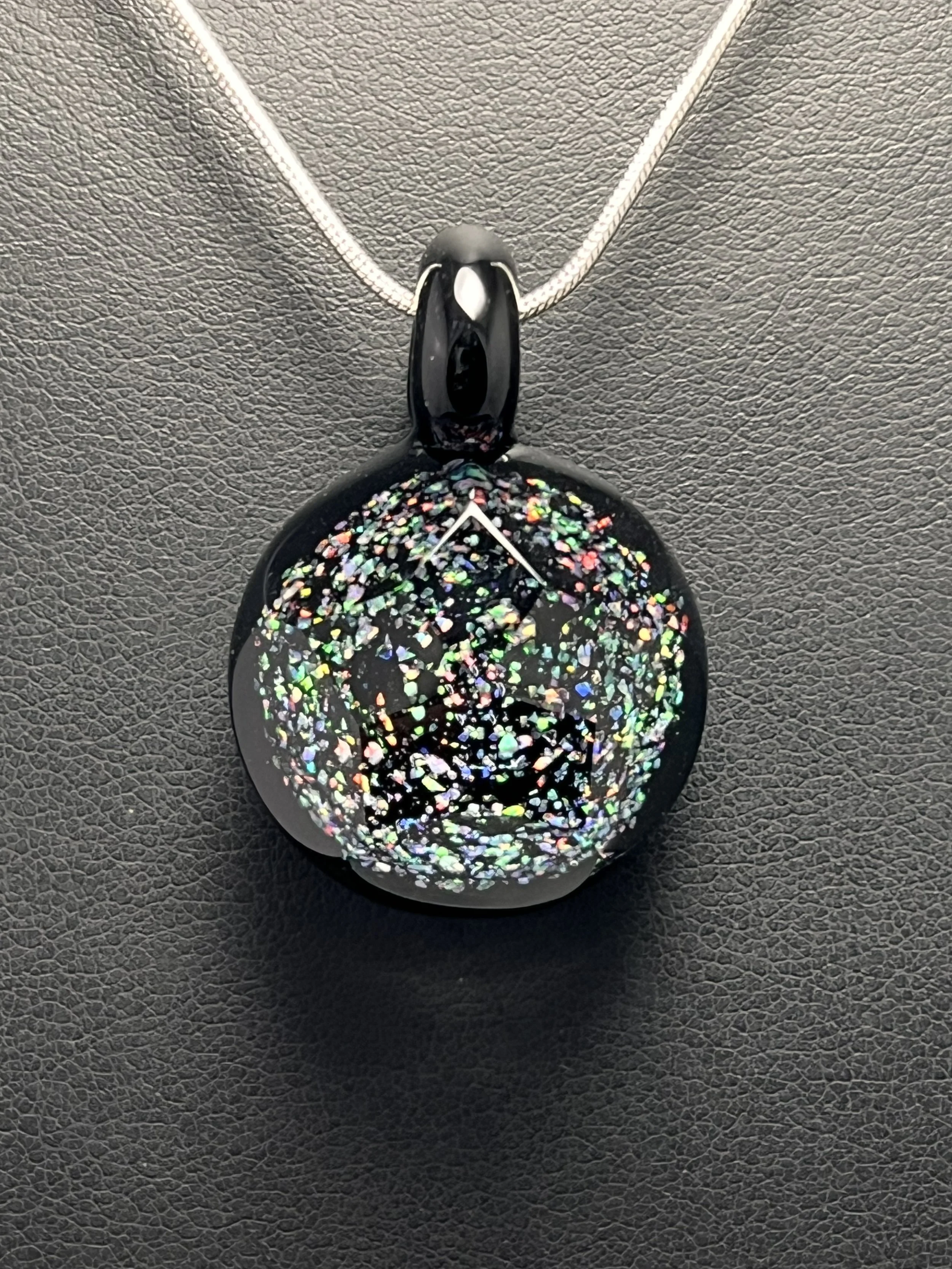 Fancy Faceted Black Glass Pendant with Crushed gilson Opal with Chain