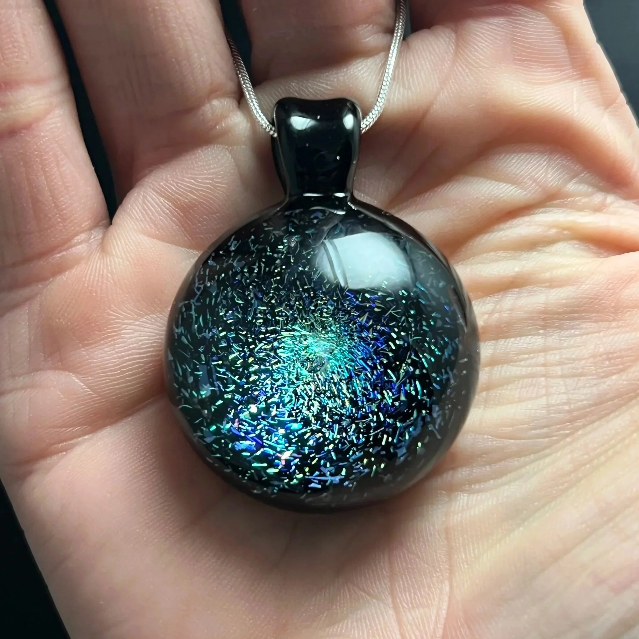Rainbow Dichroic Glass Pendant on Onyx Black Glass with Chain