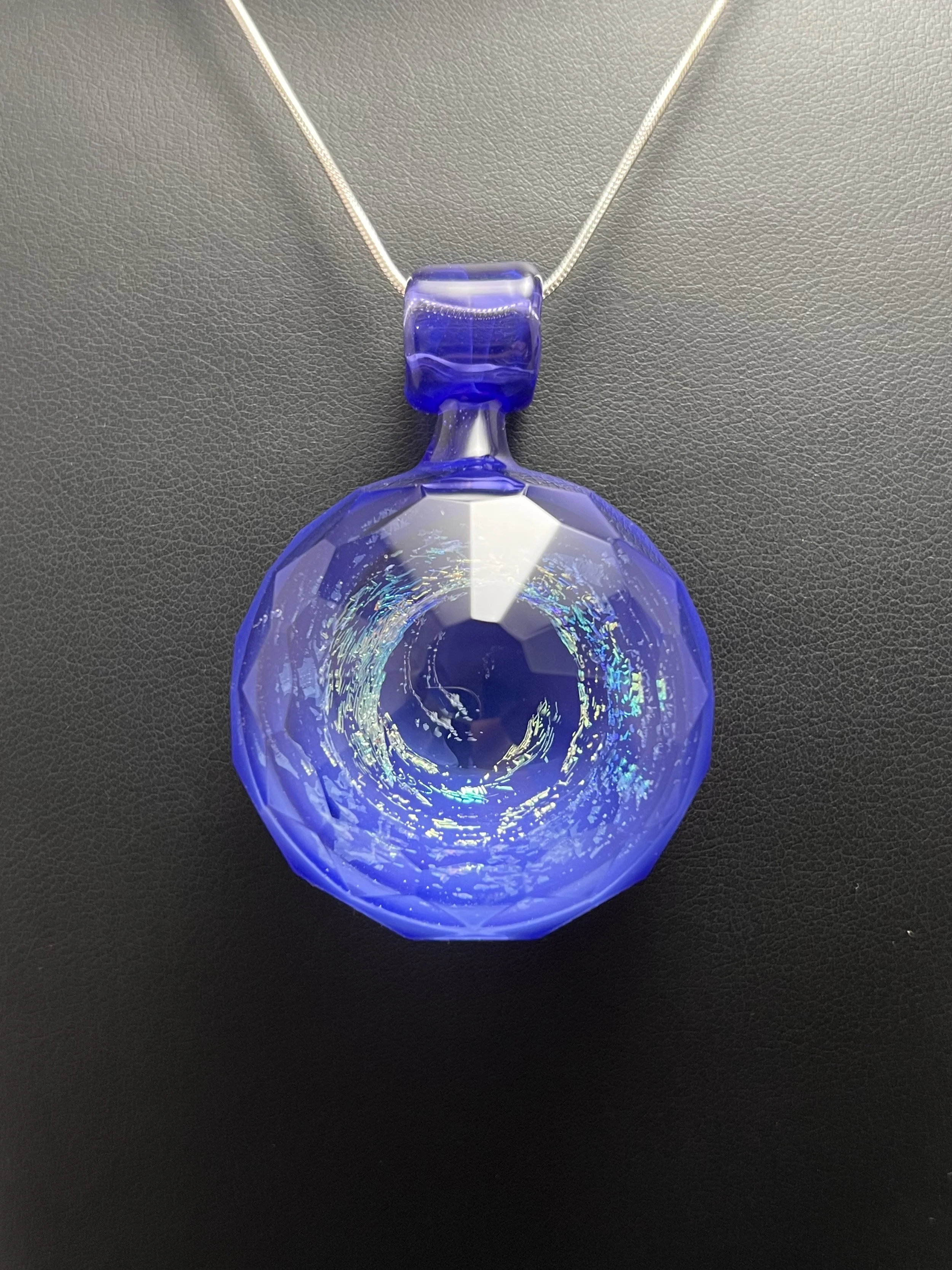 Handmade Glass blown rainbow dichroic glass necklace pendant with chain. Flameworked by Jodi Sayles of Liquid phoenix Glass