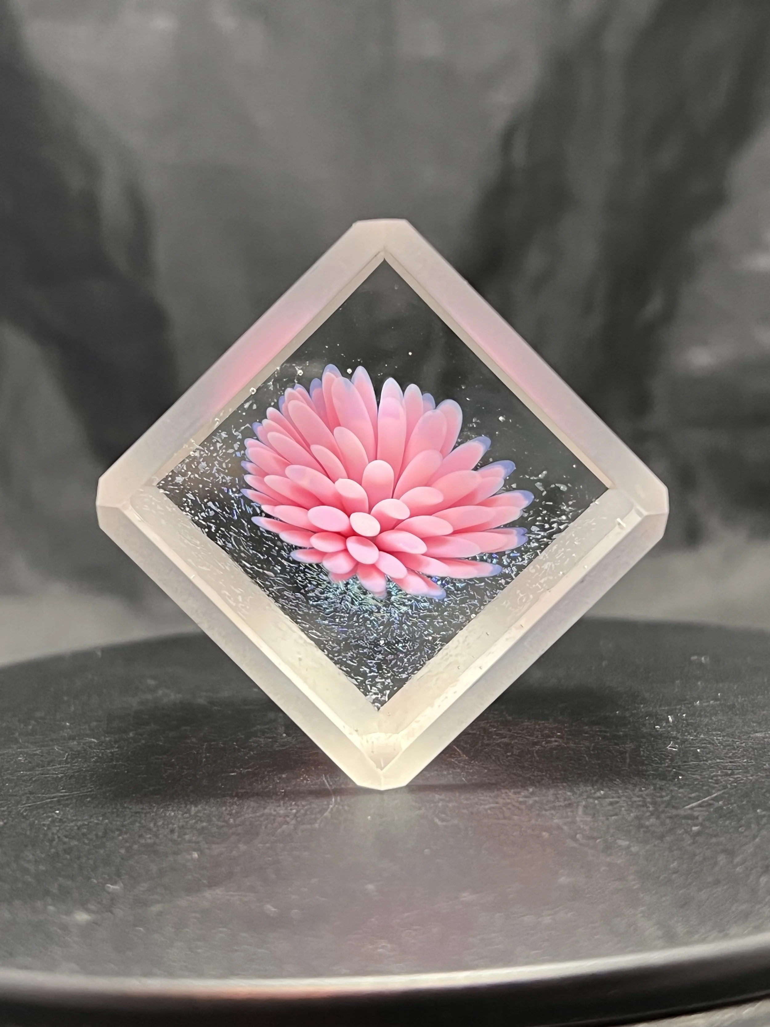 Faceted Glass Cube - Pink Glass Implosion Flower on Rainbow Dichroic Glass - 1.6"